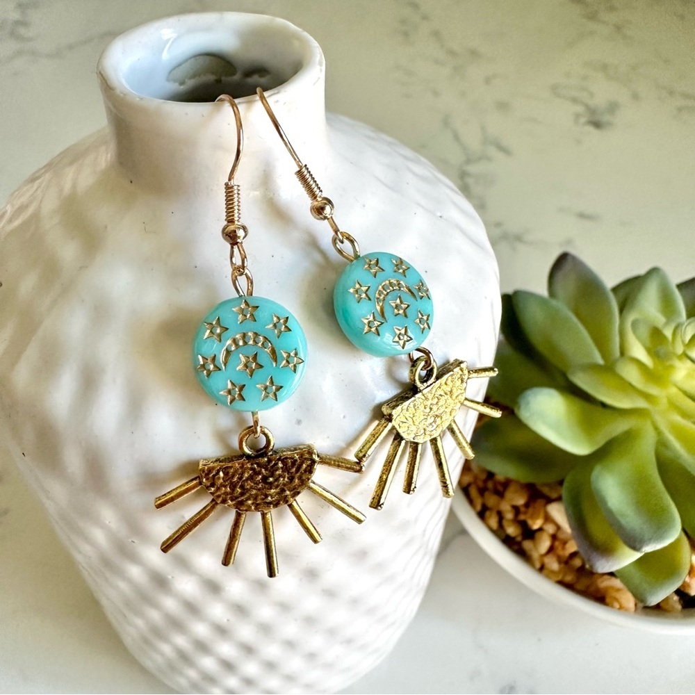 2/$30🌵 Gold Sun Turquoise Stone Crescent Moon Stars Earrings Bohemian Gift NEW - Picture 1 of 9